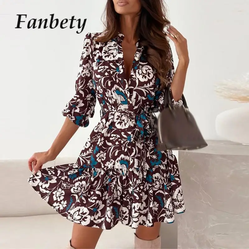 

Шикарные повседневные плиссированные трапециевидные платья с длинным рукавом и цветочным принтом, женское платье на шнуровке, Элегантное однобортное винтажное платье