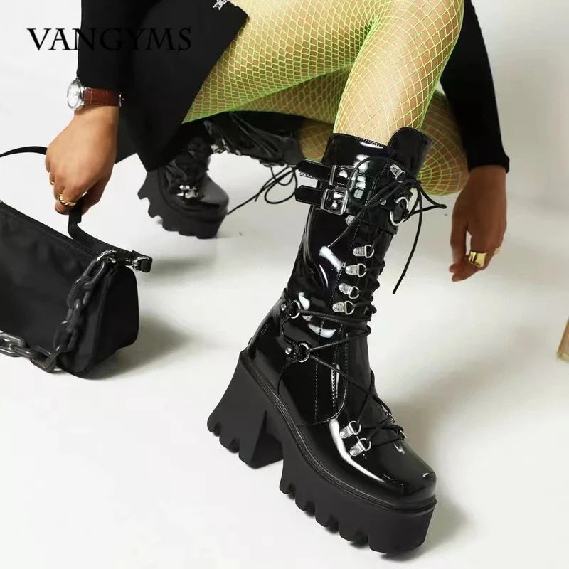 New Fashion Flame Punk Zipper Chuky Heel Platform Goth women's Boots Cool Street Cosplay Motorcycle Shoes Woman