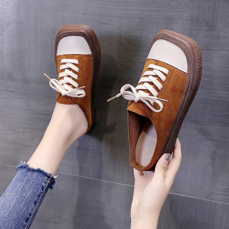 

Women's Slippers Casual Platform Shoes Low Top Loafers 2022 Autumn new Baotou Half Slippers Brown Khaki Zapatillas Mujer