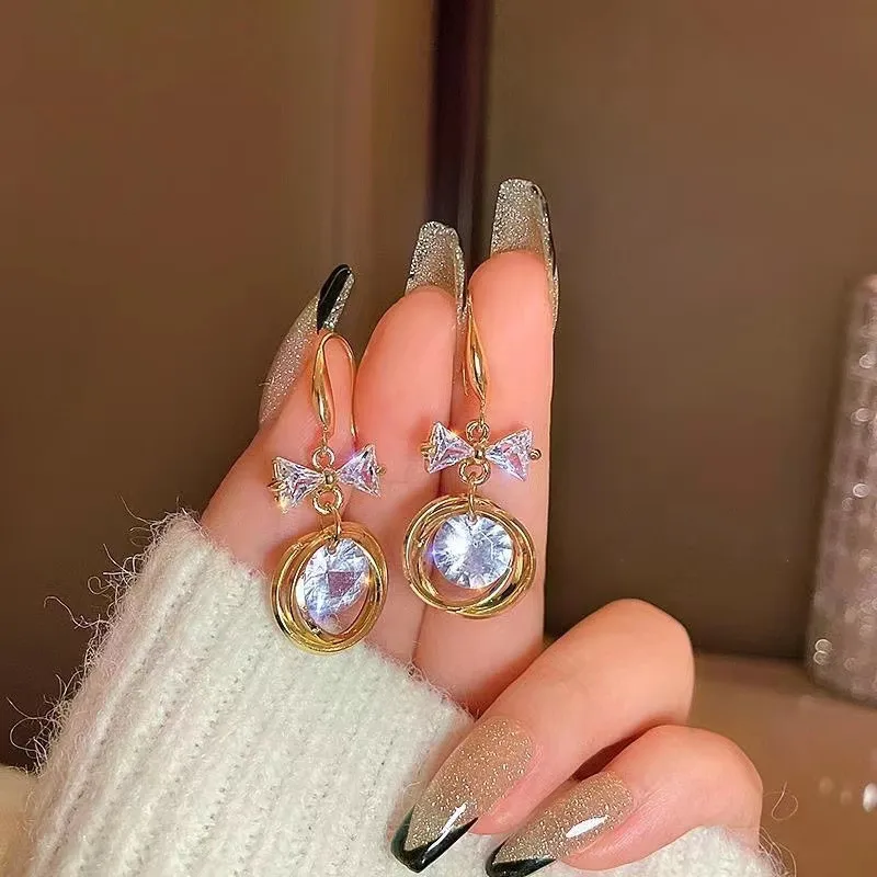 

New Zircon Bow Golden Hoop Crystal Dangle Earrings for Women Personality Fashion Prom Accessories Party Jewelry Birthday Gifts