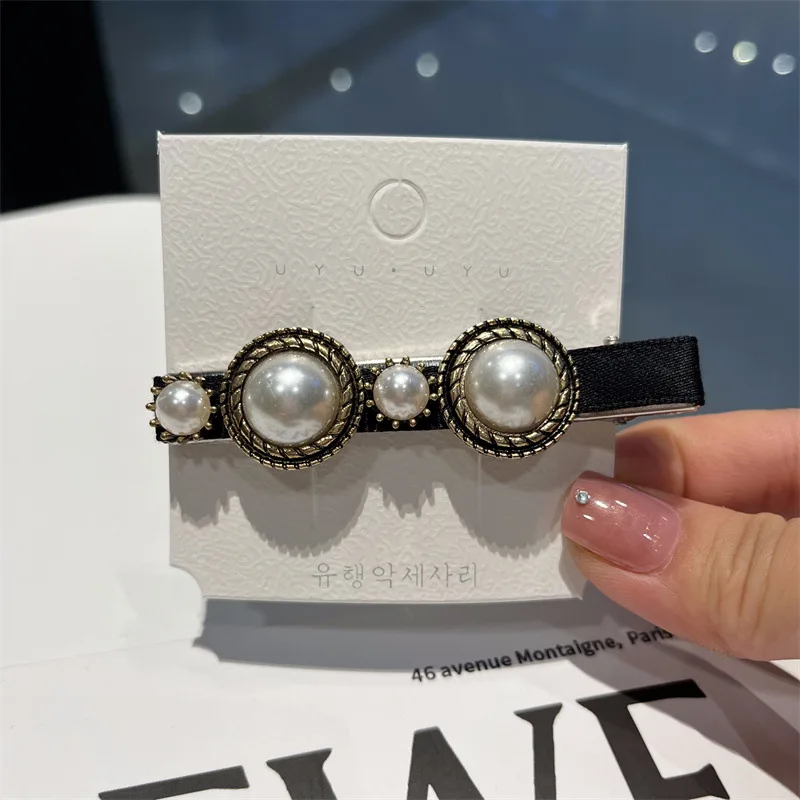 

Rhinestone Hairpin Korean Baroque Side Clip Metal Pearl Black Duck Bill Clip Hair Accessories Female