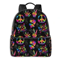 hippie love peace sign maple leaves black backpack for mens womens school travel shoulder backpack