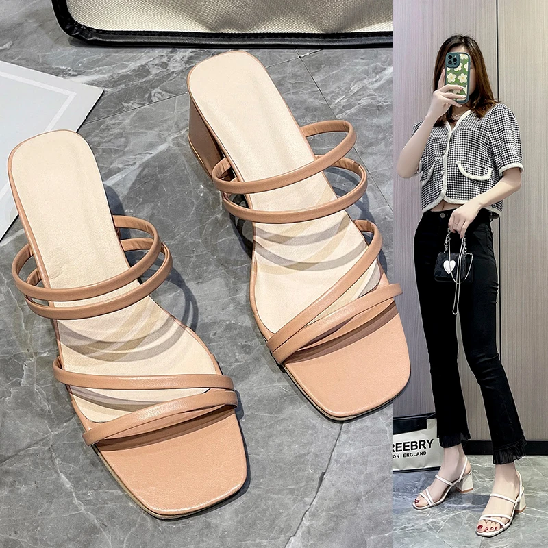 

2023 Women Sandals Ladies Square Heels Elegant Summer Slippers Outside Cross Tied Leather Female Slides Fashion Woman Sandals 42
