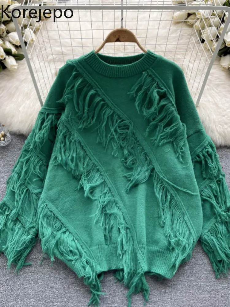 

Korejepo Tassel Round Neck Sweater Autumn Women's Clothing Lazy Style Loose Medium Length Age Reducing Long Sleeve Sweaters Top