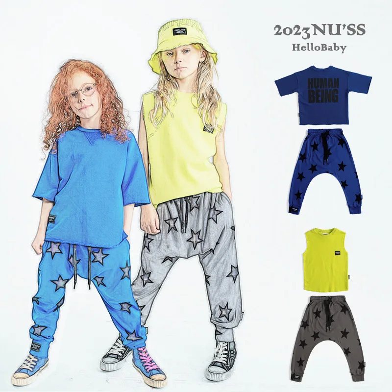 

Spot Goods!!! 2023 Summer Children's Clothing Nu Fluorescent Green Vest Blue Short Sleeved T-shirt Pentagram Harem Pants