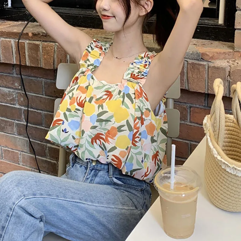 

Fashion Vintage Print Tees Lapel Sweet Camis Suspenders Women's Vest Tops Summer New Hot Girls Sexy Sleeveless Slim Short Top