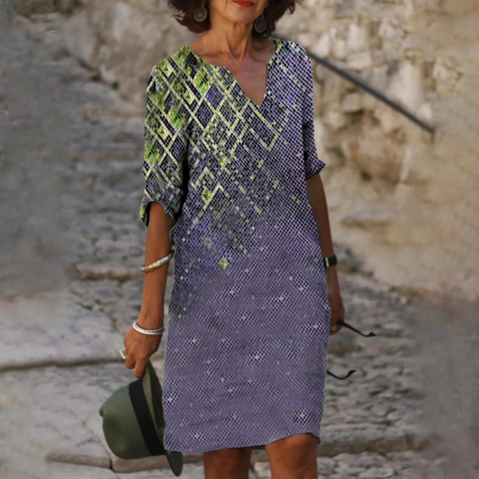

Short Sleeve Vintage 3D Print Women Summer Dress 2022 V-Neck 50 Years Old Female Dress Knee-Length Boho Loose T-Shirt Dress