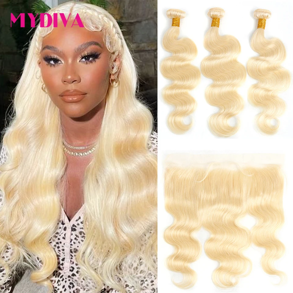 613 Bundles With Frontal Blonde Body Wave Bundles With Closure Transparent Lace Remy Human Hair Weave Extensions 30 40 Inch