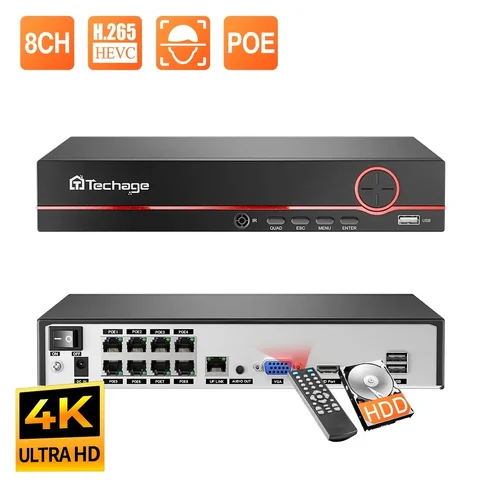 Сетевой видеорегистратор Techage, H.265, 8 каналов, 4K, 2K, POE, сетевой видеорегистратор до 16 каналов для систем видеонаблюдения, POE IP-камера