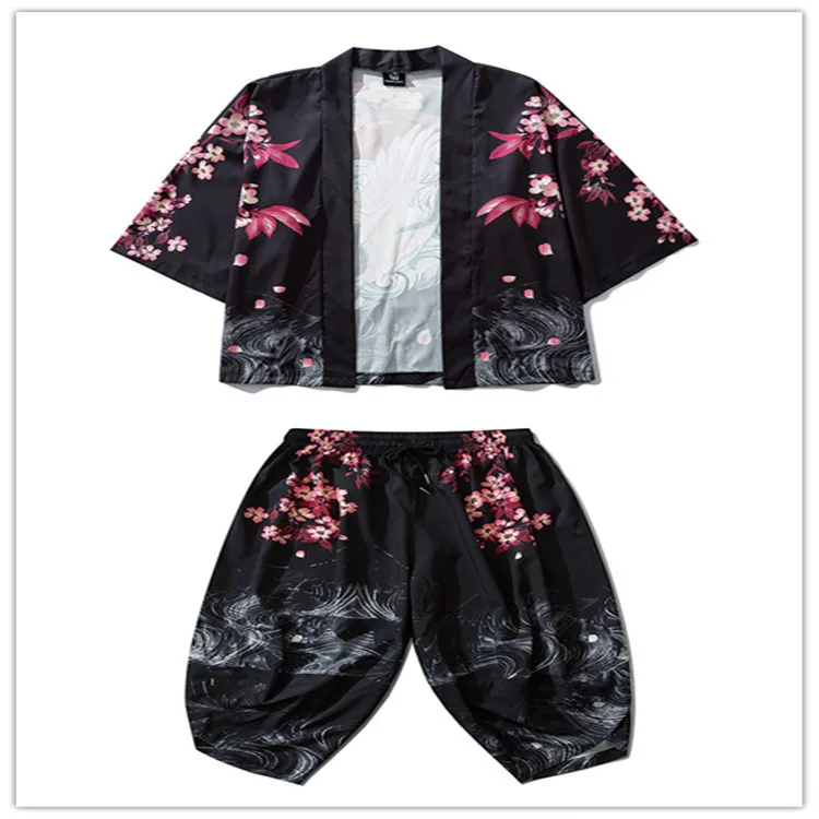 3XL Couple Print 2PCS Robe Pajamas Sets 3/4 Sleeve Chinese Cardigan Pyjamas Pant Crane Rayon Hanfu Casual Home Clothes