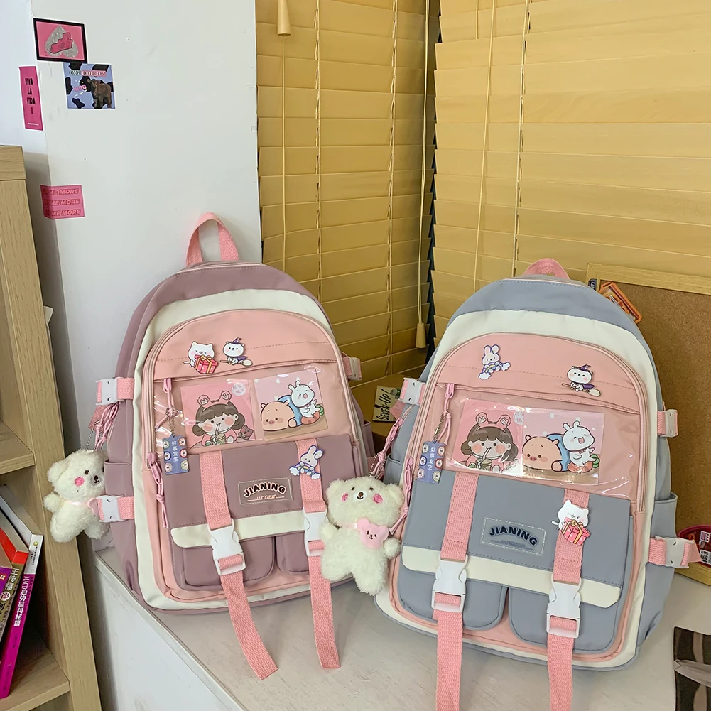 

Cute Harajuku Women Backpack Multi-Pocket Hit Color Nylon Students School Bag Large-capacity Girl Travel Laptop Book Bag Mochila