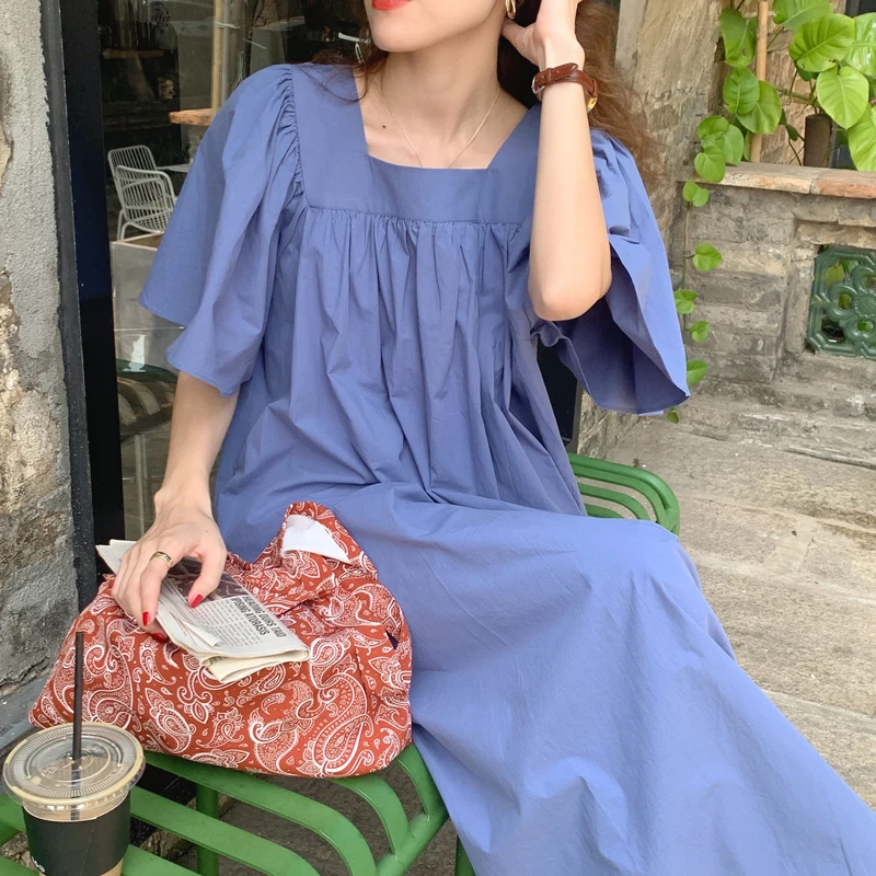 

2022 Summer New Solid Color French Elegant Temperament Holiday Style Loose Long Square Neck Design Dress