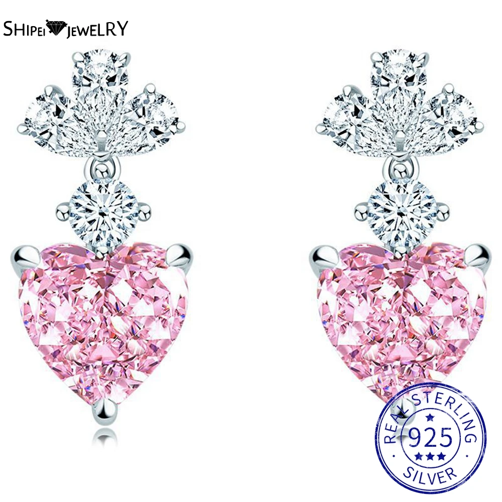 

Shipei Cute 925 Sterling Silver VVS 3EX Heart Cut Created Moissanite Gemstone Wedding Party Fine Jewelry Dangle Earrings Studs