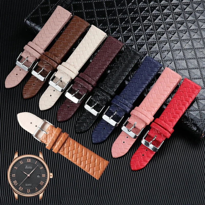 Leisure Watch Strap 8mm 10mm 12mm 14mm 16mm 18mm 20mm 22mm 24mm Genuine Leather Woven Pattern WristWatch Belt Soft Band Blue