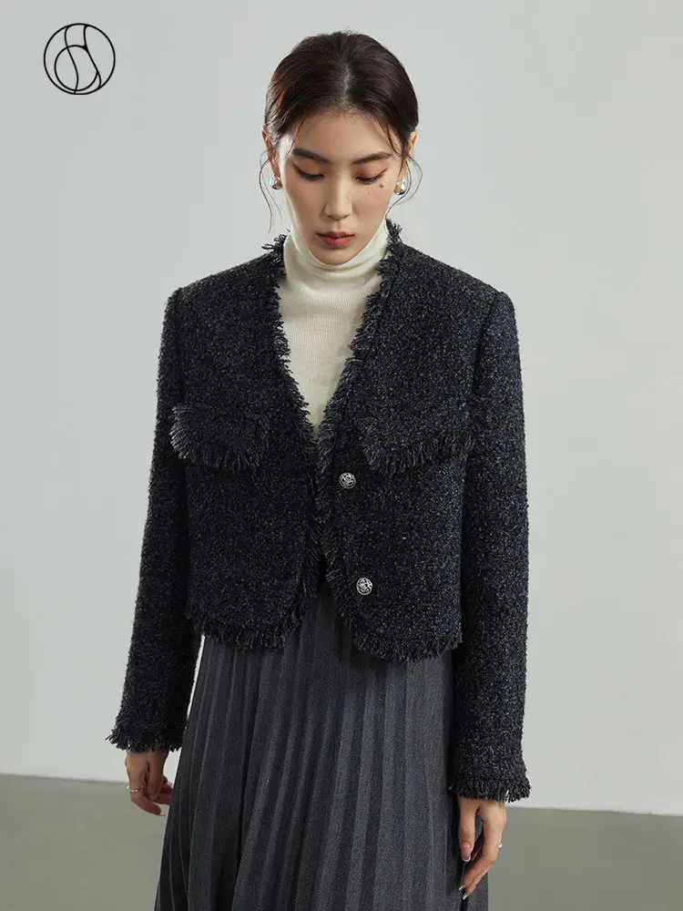 

DUSHU 25% Wool French Tweed Small Fragrance Women Coats Winter New V-neck Cropped Coat Top Women Grey Temperament Jacket