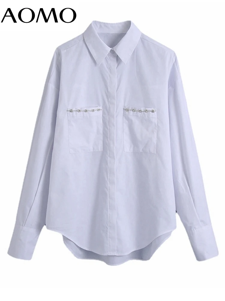 

Рубашка женская оверсайз с бисером, длинным рукавом и карманами