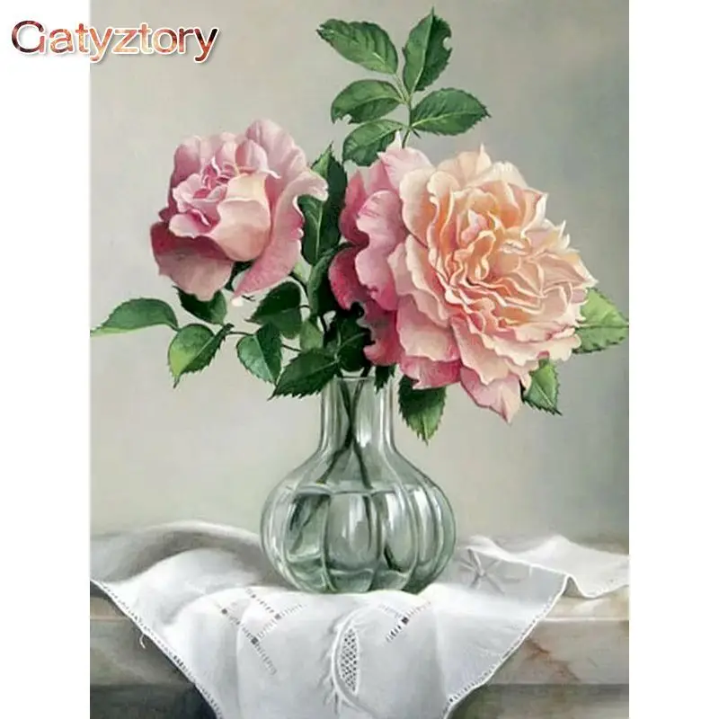 

GATYZTORY Diy Framed Painting By Numbers Kits For Adults Pink Flower Paint By Numbers Drawing On Canvas Home Decoration