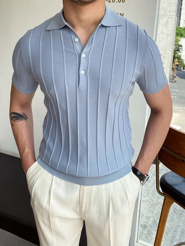 

Fashion Ribbed Striped Knitted Polo Shirt Men Casual Short Sleeve Solid Slim Fit Polos Summer Mens Buttoned Turndown Collar Tops