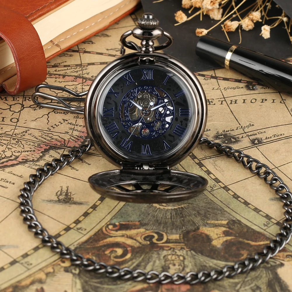 Royal Blue Roman Numerals Dial Manual Mechanical Pocket Watch Vintage Hub Skeleton Exquisite Pocket Timepiece with Pocket Chain