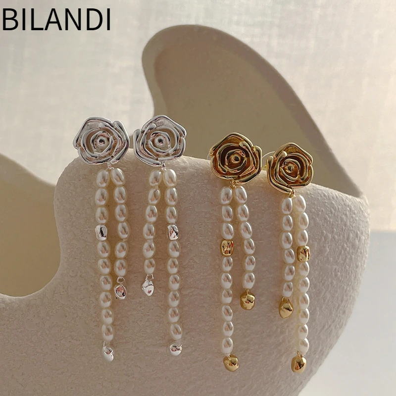 

Bilandi Fashion Jewelry Metal Flower Earrings 925 Silver Needle Elegant Temperament Simulated Pearl Earrings For Women Gift