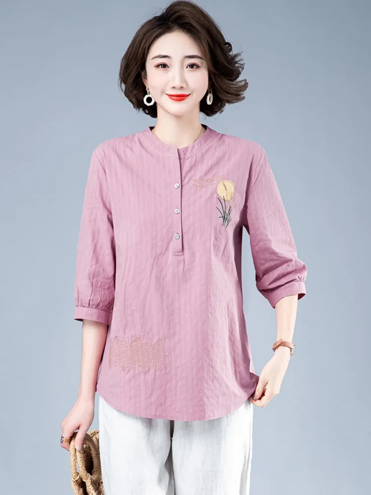 

Women Summer Casual Shirts New Arrival 2022 Vintage Style Floral Embroidery Loose Comfortable Female Cotton Linen Tops B1628