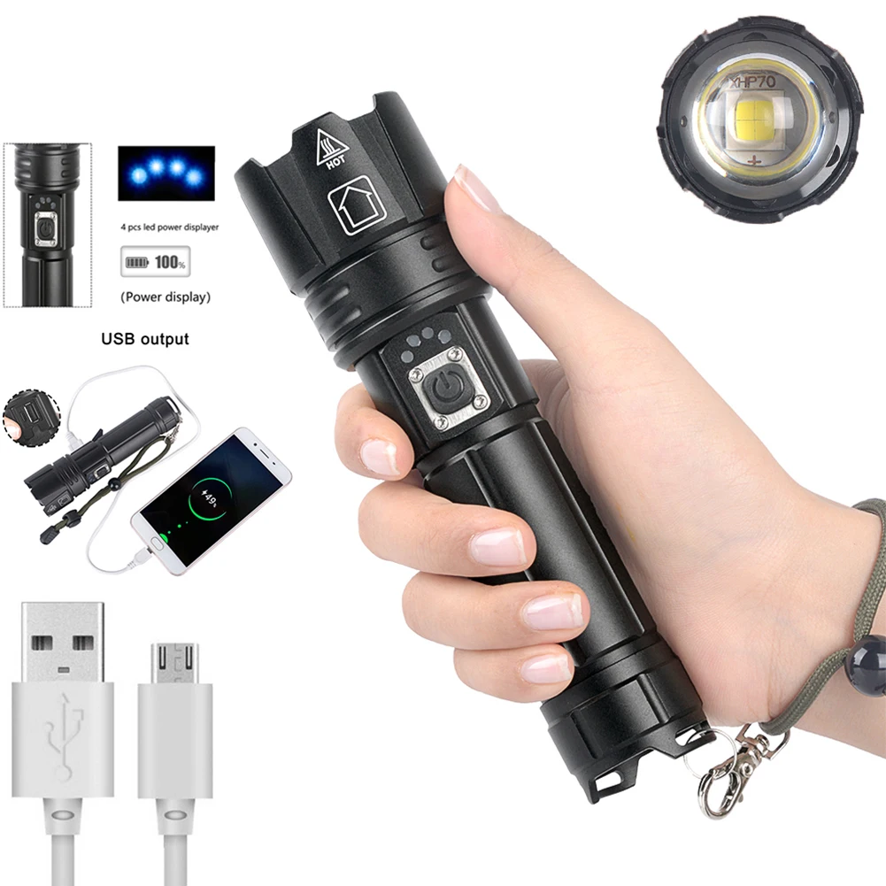 

P67 Tacticals Flashlight P70 LED Waterproof Torch USB Rechargeable 28650 Battery 5 Gears 3000 Lumens Adjustable Part Accessories