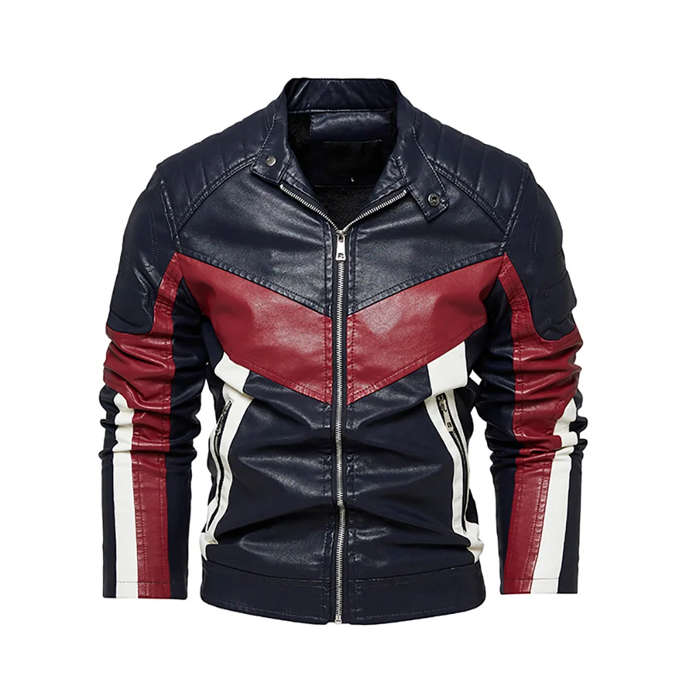 

JG-6808 Casual Leather Jacket Men's Color Matching Stand Collar Plus Velvet Thickening Autumn And Winter PU Jacket Fashion Top