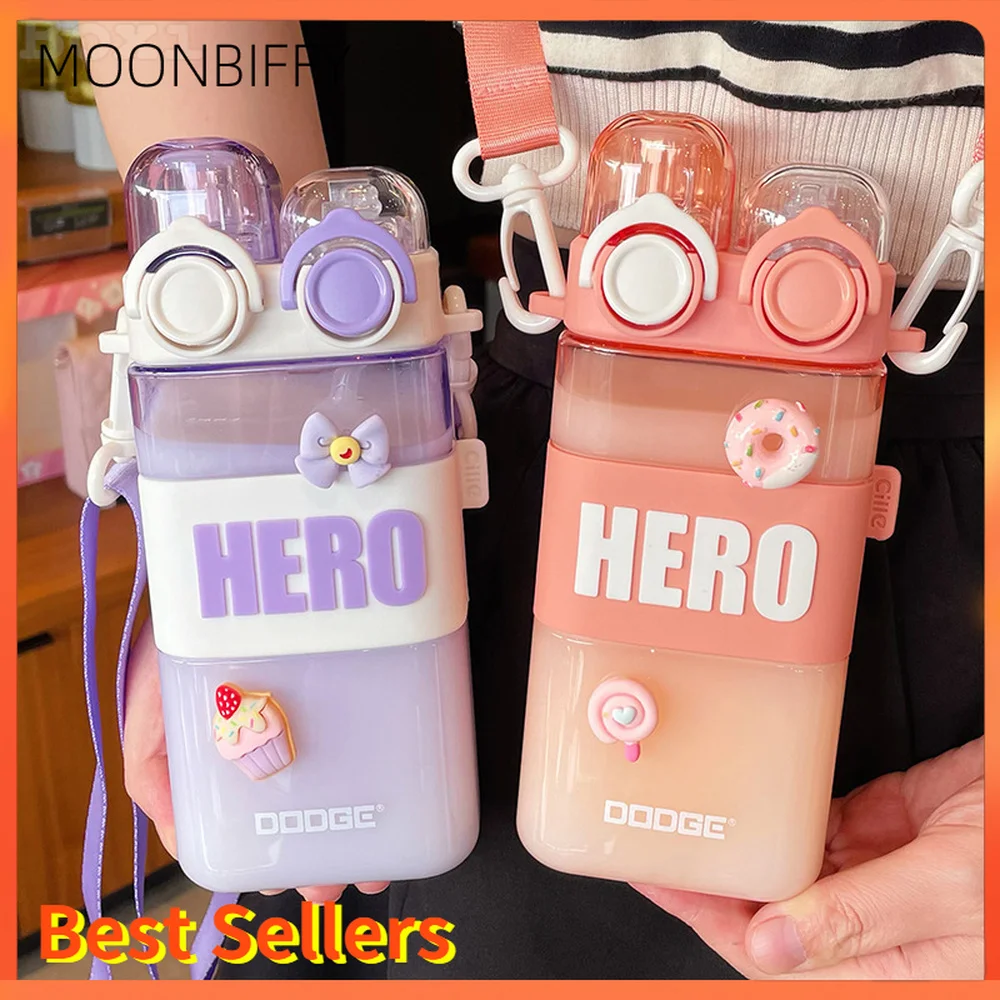 

570 ML Cute Square Tritan Water Bottle With Straw Summer Kids Boy School Portable Leakproof Double Drinking Plastic Cup BPA Free