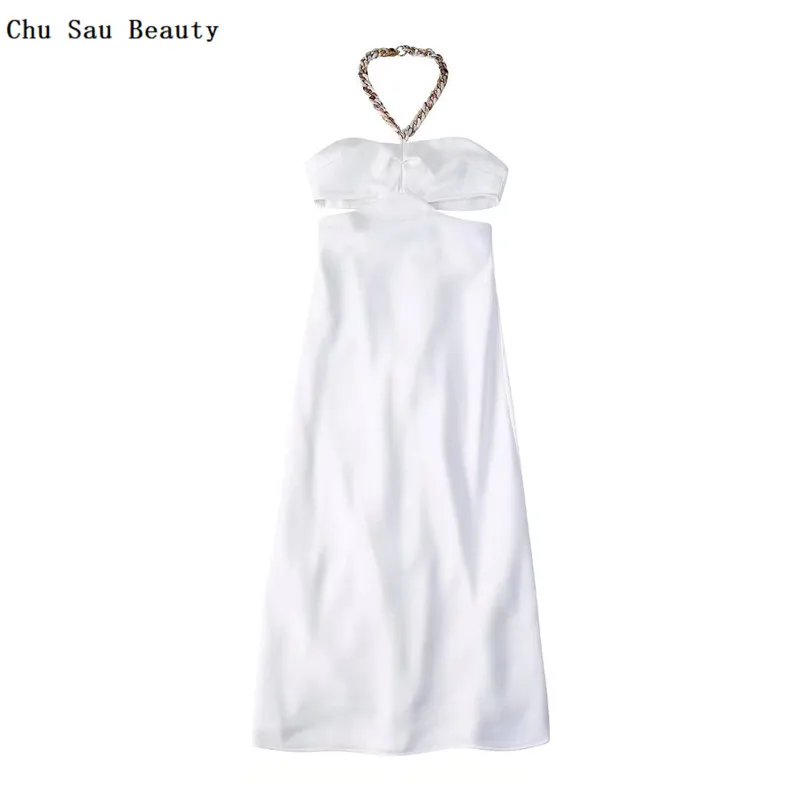 

Chu Sau Beauty 2022 ZA Новинка женское открытое дизайнерское платье с цепочкой средней длины с лямкой на шее летнее модное пикантное приталенное пла...