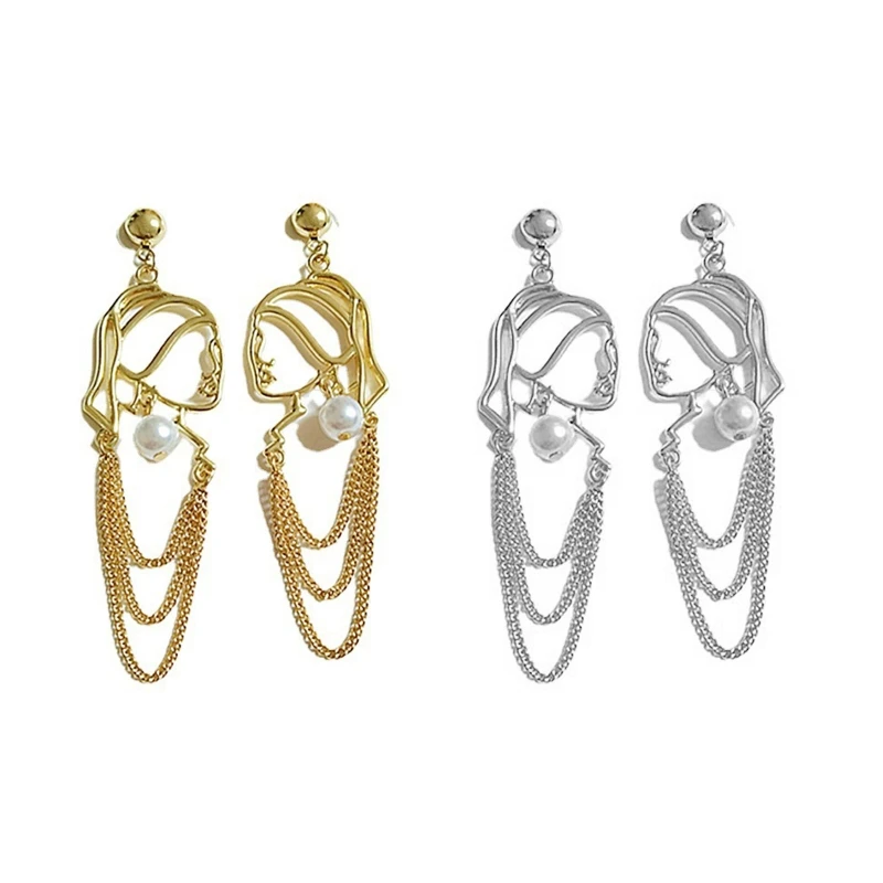 

Retro Face Head Women Earrings Japanese and Korean Temperament Beauty Silhouette Hollow Long Tassel Earrings Female Earrings