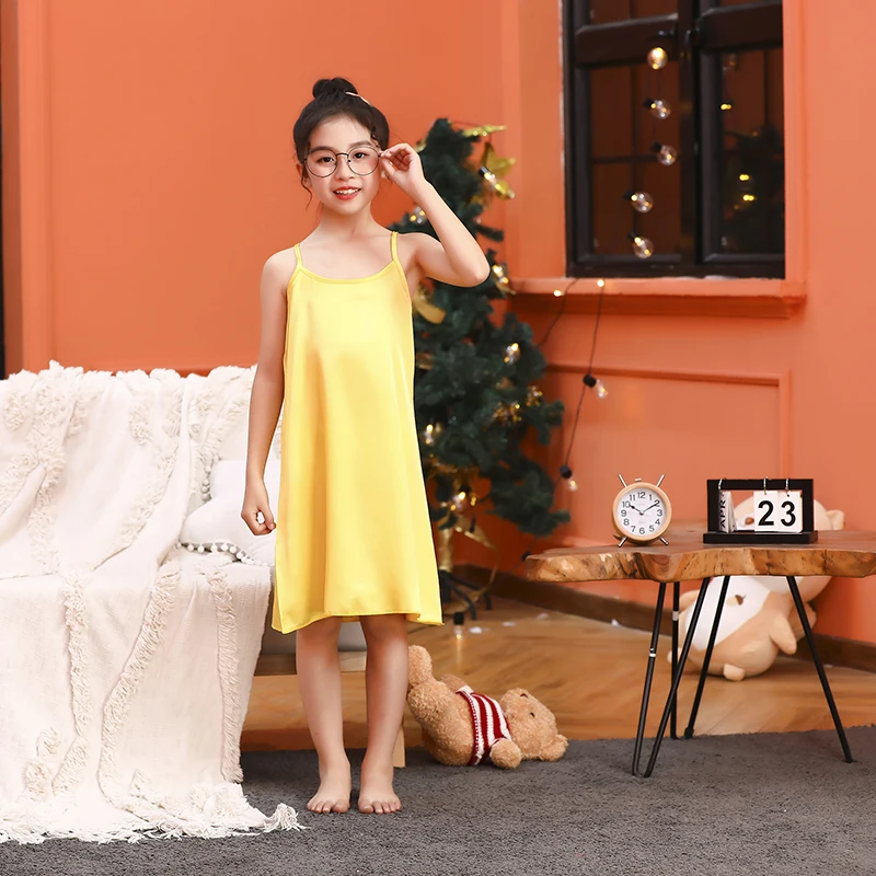 Летняя Новинка ночная рубашка для девочек 2022 однотонная шелковая атласная