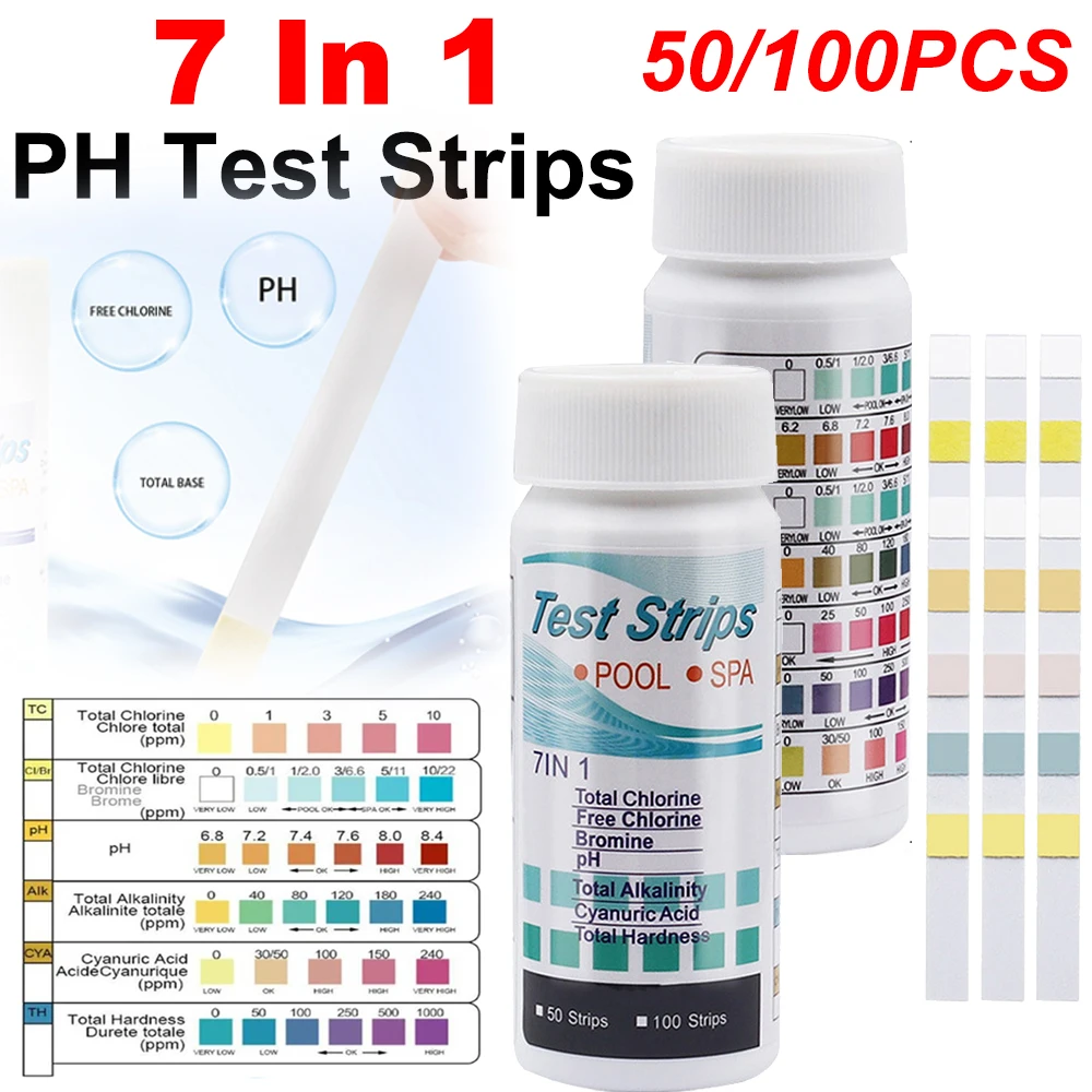 

50/100pcs 7-in-1 Water Tester Paper Residual Chlorine PH Value Alkalinity Test Strip High Precision Easy Detection Pool Accessor