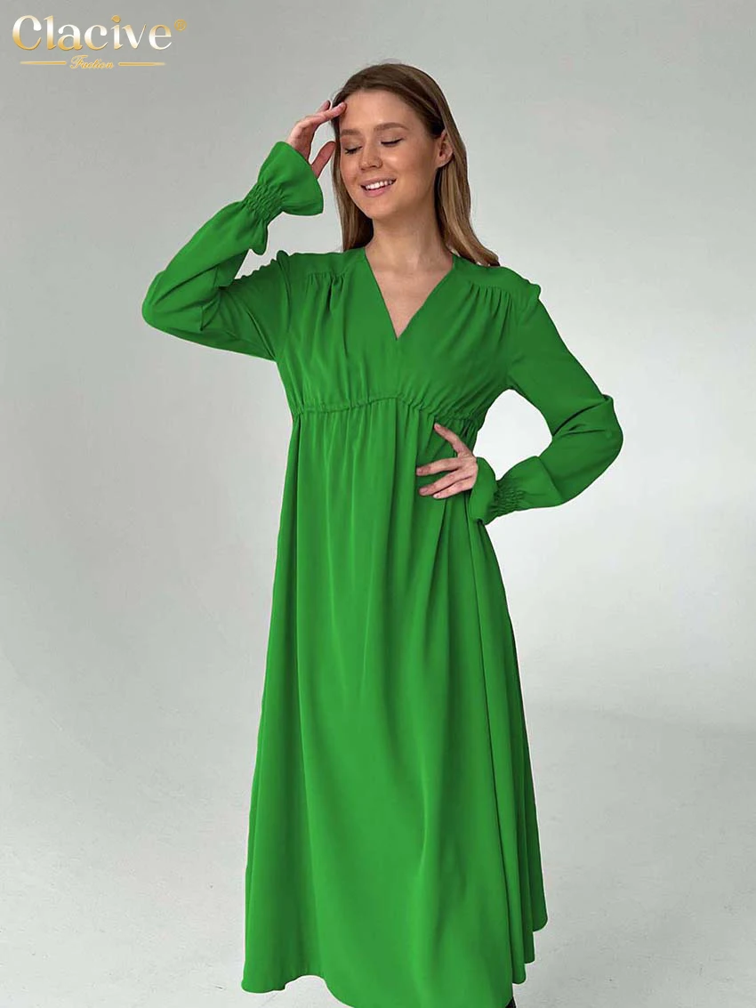 

Clacive Casual Loose Green Women'S Autumn Dress Elegant V-Neck Long Sleeve Midi Dresses Fashion Backless High Waist Female Dress