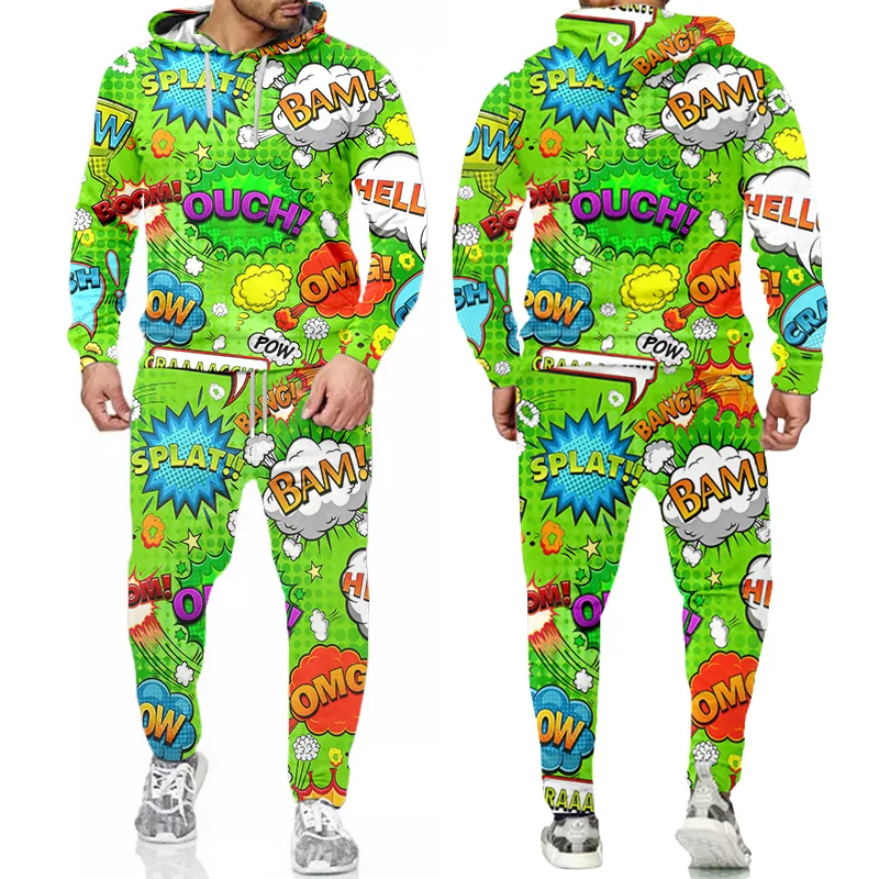 Men's Set Bang Graffiti Print Autumn Hooded Sweatshirt Goth Hooded And Pants Set Woman 2 Pieces Summer Y2k Clothes Tracksuit