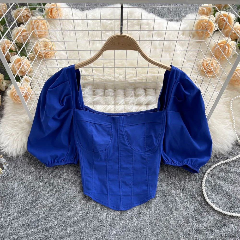 

2023 Summer Women Gentle French Short Sleeves Short Square Neck Top Design Sense Ripe-Young Shirt
