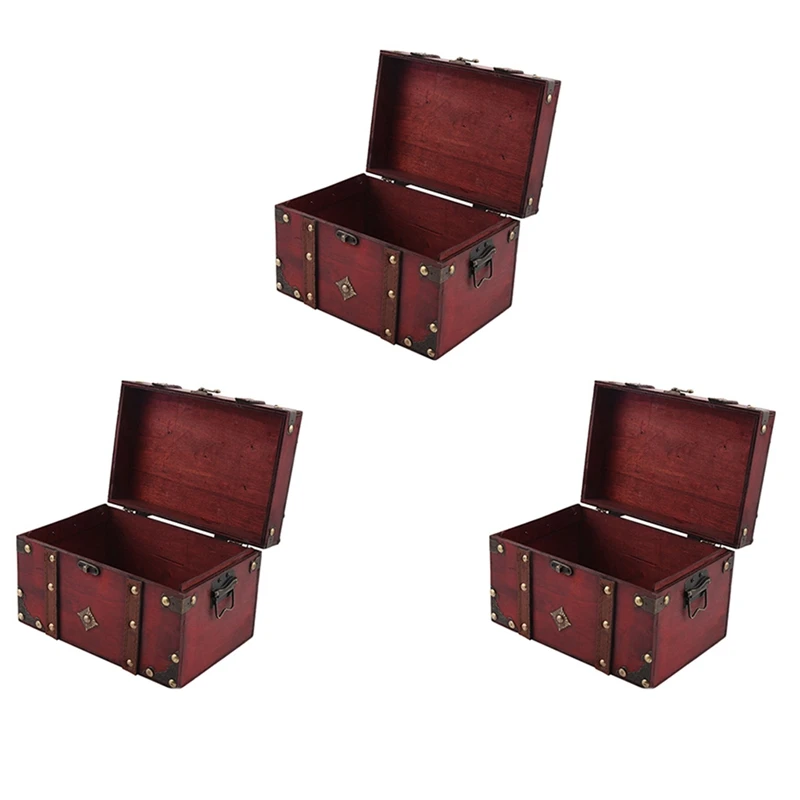 

3X Retro Treasure Chest Vintage Wooden Storage Box Antique Style Jewelry Organizer For Jewelry Box Trinket Box Big