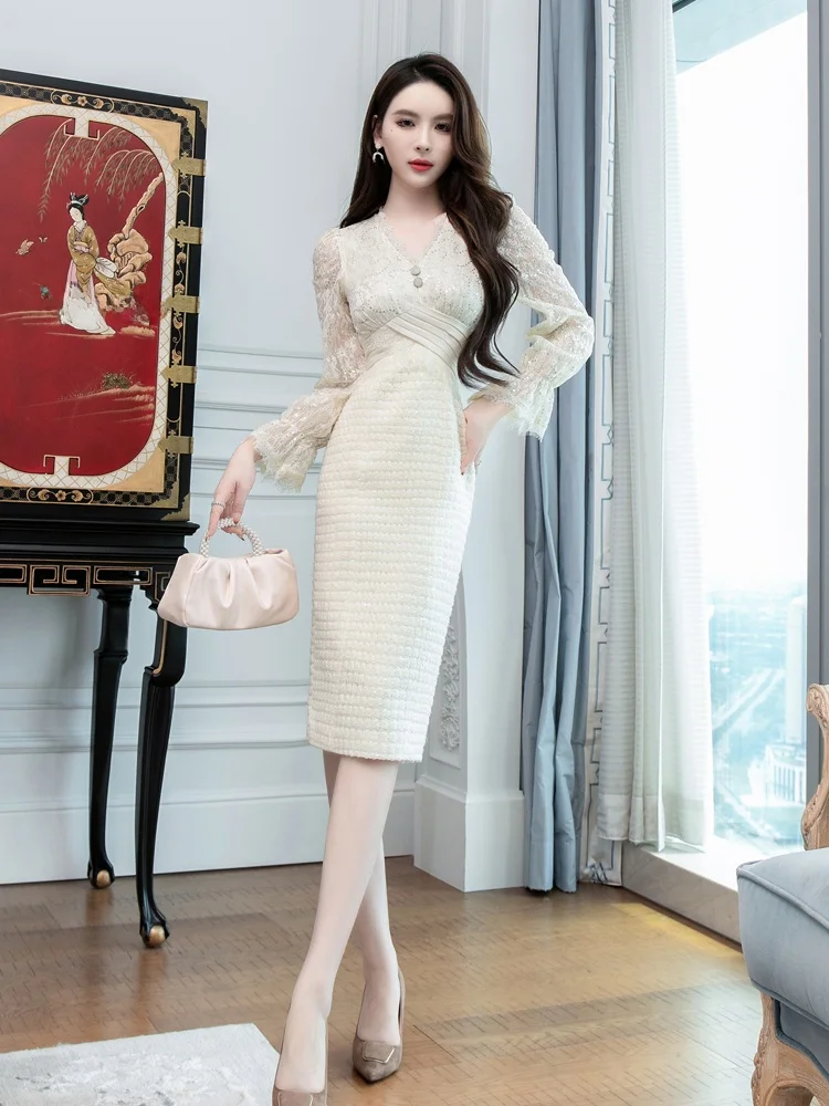 2024 осеннее новое легкое роскошное модное облегающее платье с длинными рукавами и