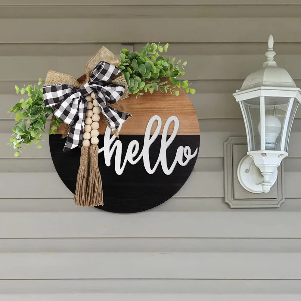

Wooden Welcome Sign for Front Door Hello Letter & Tassel Wood Bead Hanging Decor Rural Style Plaque Round Door Ornament B99