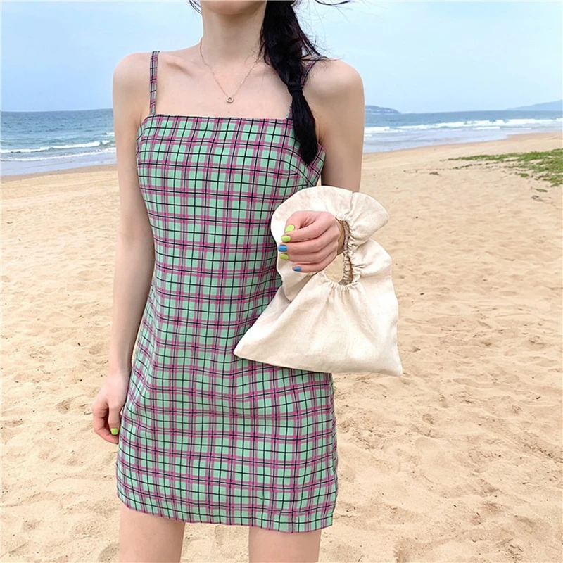 

Plaid Spaghetti Strap Dress Women Sleeveless Beach Sundress Casual Mini Dress Sweet A-Line Dresses 2022 Summer