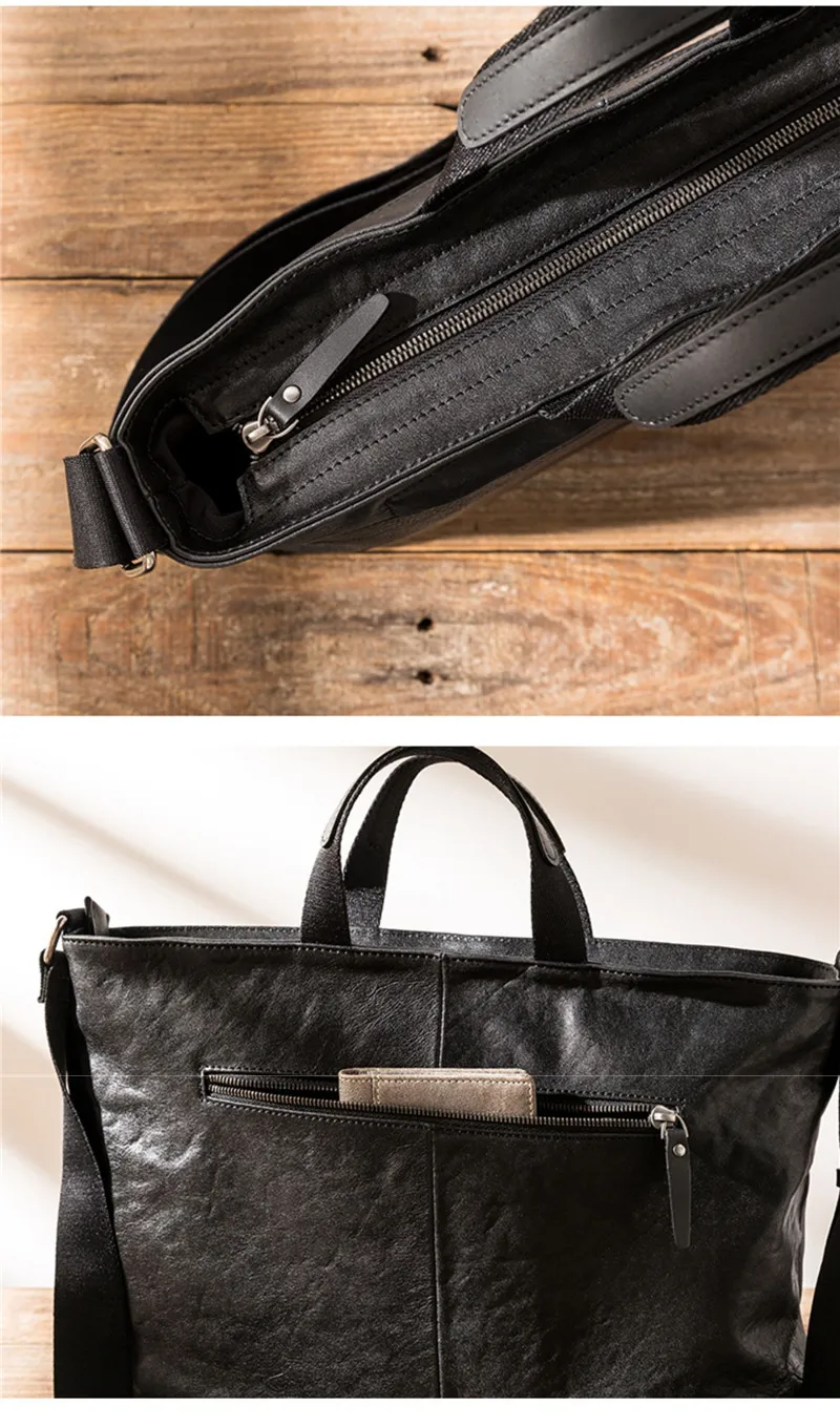 Business casual luxury natural genuine leather men's black briefcase outdoor travel real cowhide work shoulder messenger bag