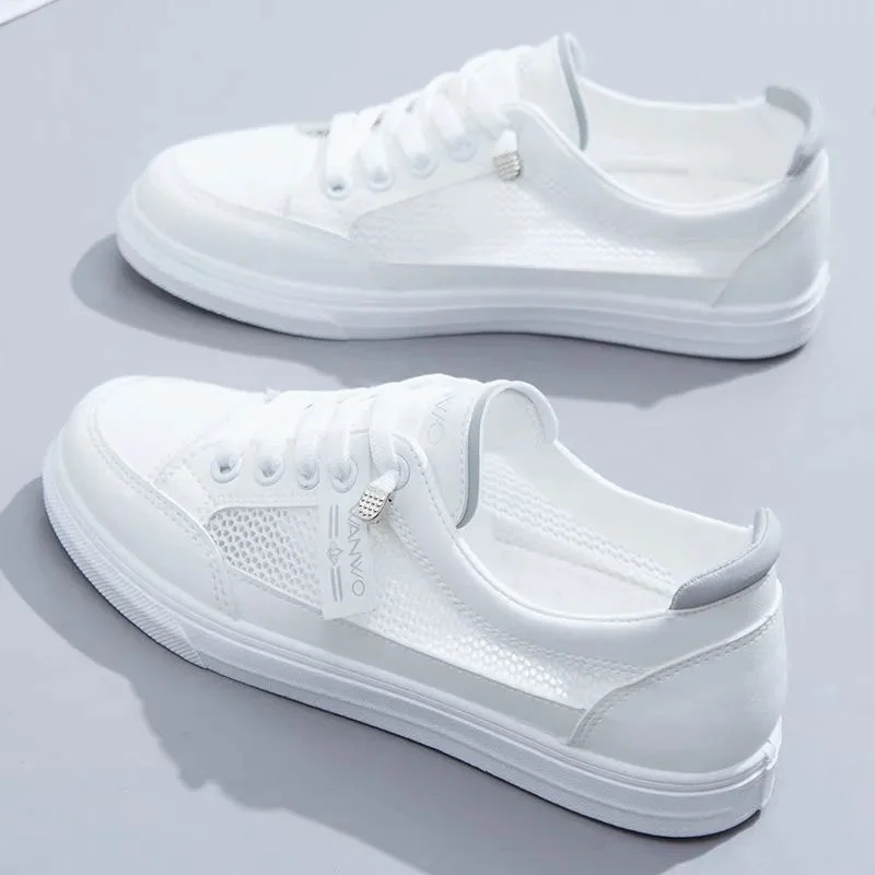 2023 Spring and Autumn New PU Thick-soled Sneakers Mesh Breathable Casual Shoes Fashion Couple White Shoes Zapatos De Mujer