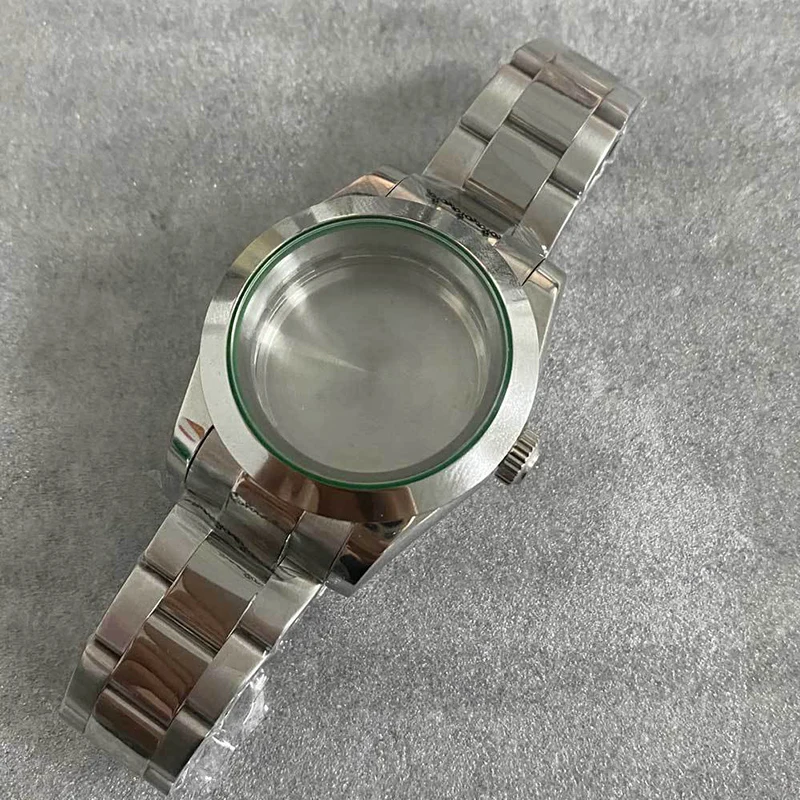 PORSTIER 39mm Silver Case Stainless Steel Green Sapphire Glass With Window Date Watch Case For Men Fit NH35 NH36 Movement enlarge