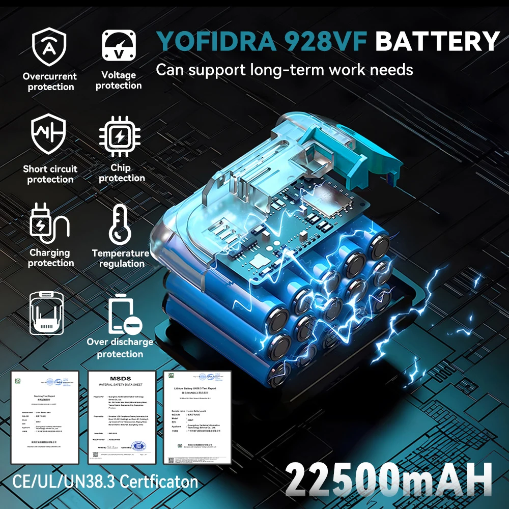 Фото YOFIDRA 388VF 928VF литиевая аккумуляторная батарея 22500 мАч 15000 мАч литий-ионная батарея для электрической бензопилы, дрели, гаечного ключа, газонокосилки №4
