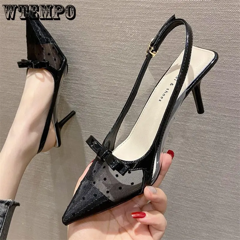 

WTEMPO Summer New Lace Mesh Yarn Polka Dot Breathable High Heel Slender Heel Shallow Mouth Pointed Single Shoes 6cm Heel