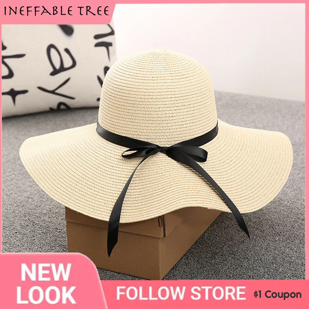 

Handmade Weave Letter Soft Sun Hats for Women 2022 Black Ribbon Lace Pp Large Brim Straw Hat Outdoor Beach Hat Summer Gorro