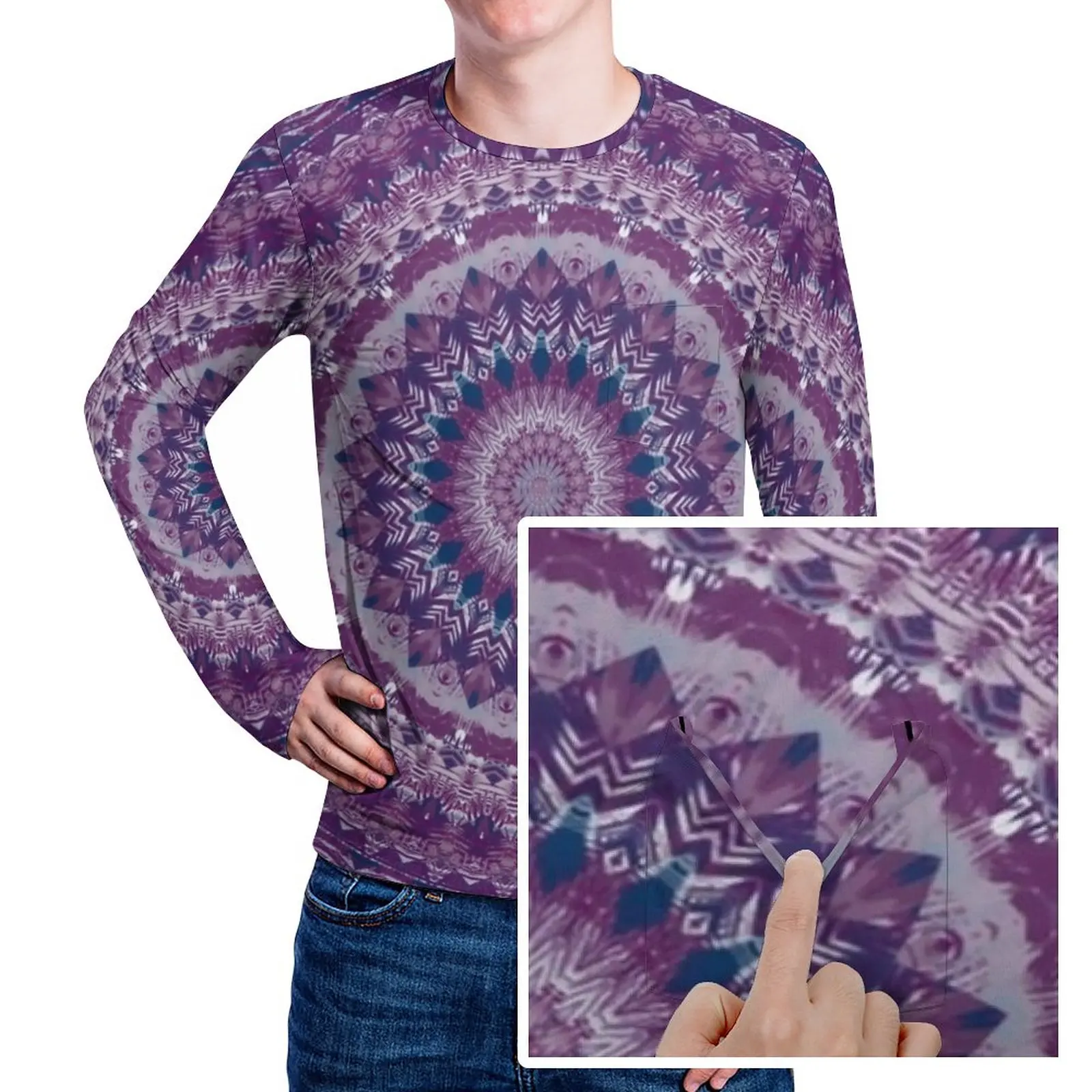 

Ретро футболка с хиппи принтом богемная Мандала Винтажные Футболки с карманом с длинным рукавом Графические Топы весенние смешные футболки большого размера