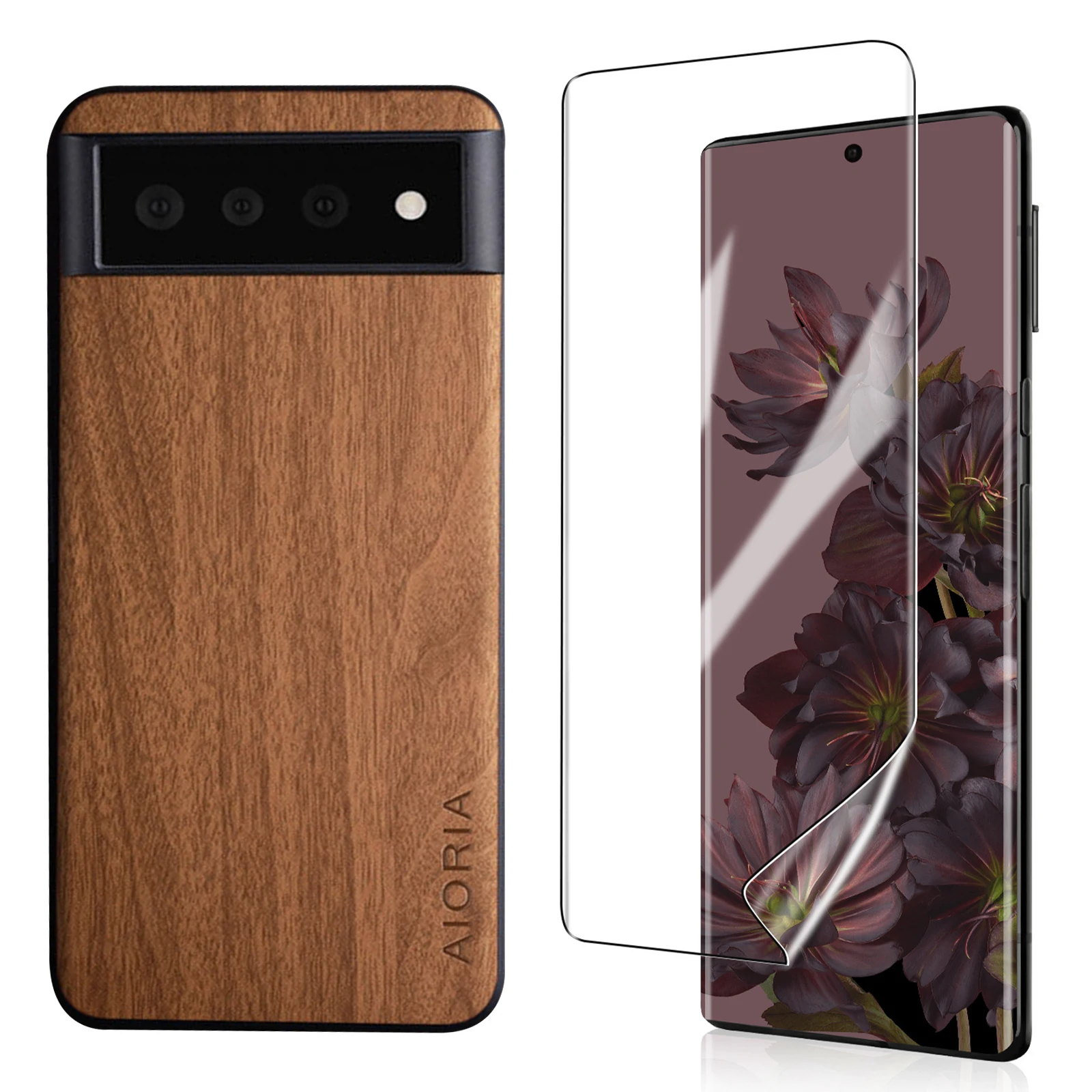 

Wood Leather Phone Case for Google Pixel 7 Pro 5G Shockproof Phone Case with Screen Protector Supports Wireless Charging