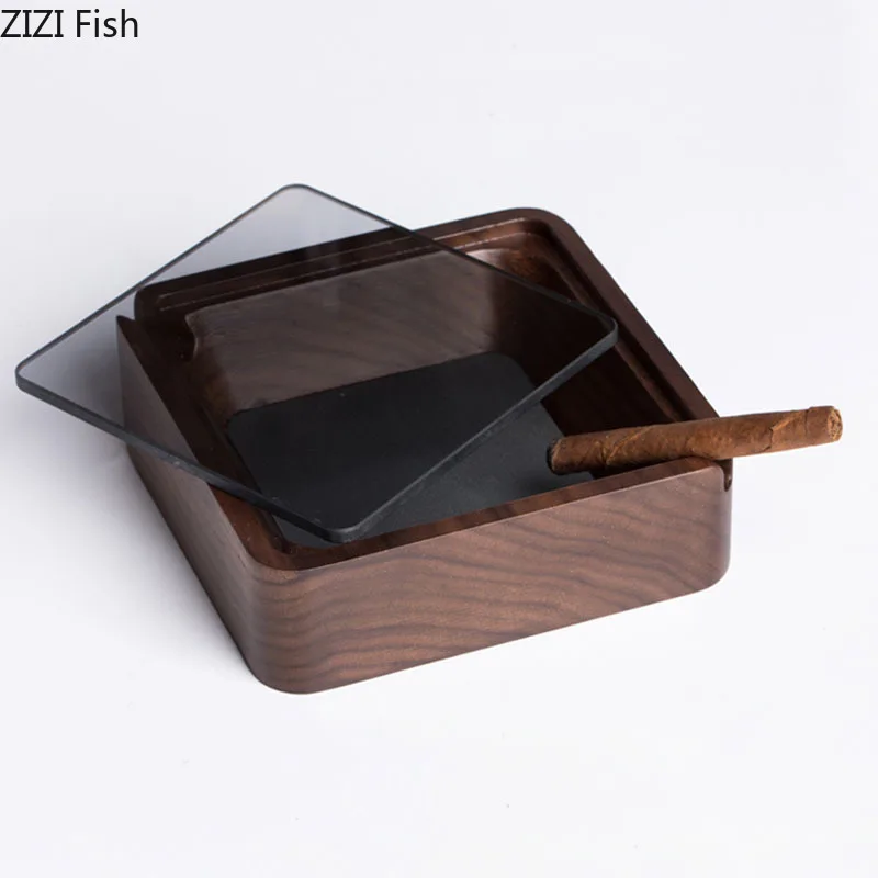 

Natural Black Walnut Wood Ashtray Windproof Double Slot Ashtray with Lid Minimalist Home Cigar Ash Tray Gifts for Boyfriend