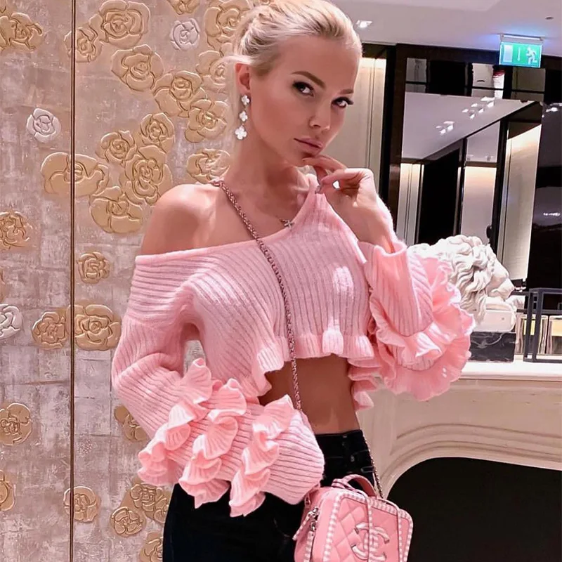 

Crop Top Women Pink Pullover Jumpers Tops 2021 Autumn Cropped Sweater Fashion Long Sleeve Ruffled Sweaters for Women Pull Femme