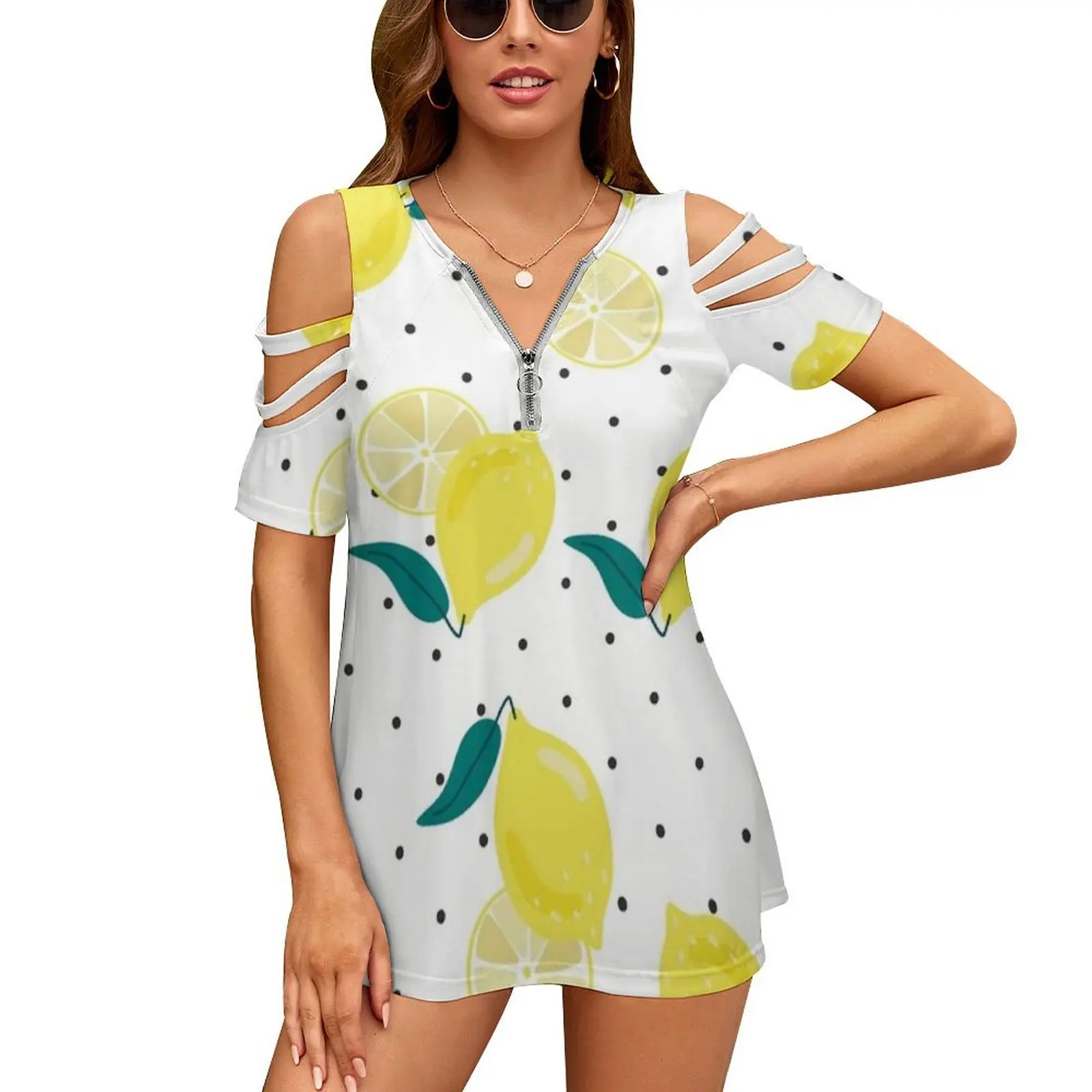 

Футболка женская летняя с V-образным вырезом и принтом лимона